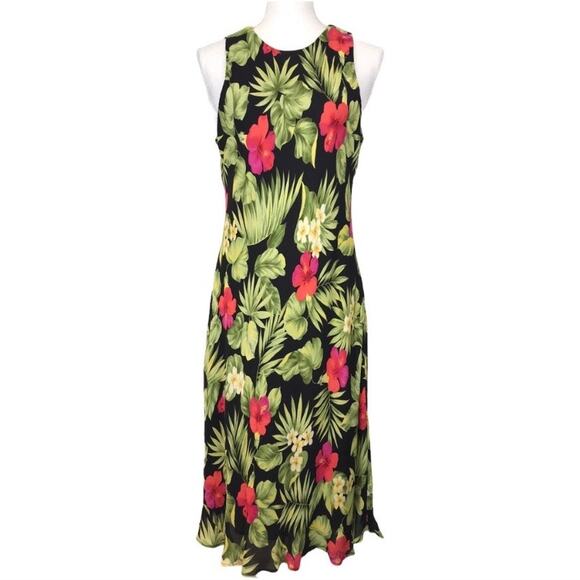 Lauren Ralph Lauren 100% Silk Tropical Floral Midi Dress 6P Petite Y2K Hawaiian - Picture 1 of 13